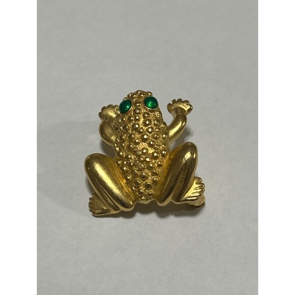 Carolee Vintage Gold-Plated Frog Brooch With Green Enamel Eyes - Picture 2 of 6